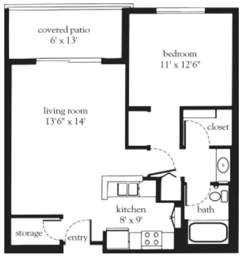 A one-bedroom apartment floor plan featuring a kitchen, living room, bathroom, closet, storage area, and a covered patio.