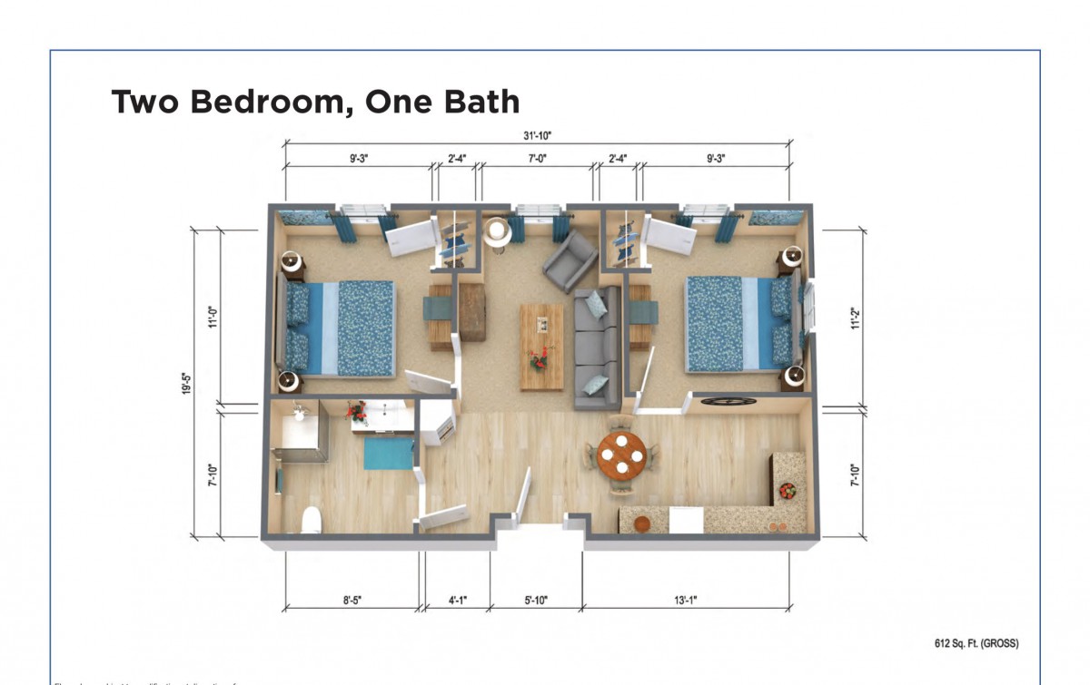 Two-bedroom, one-bath apartment floor plan.