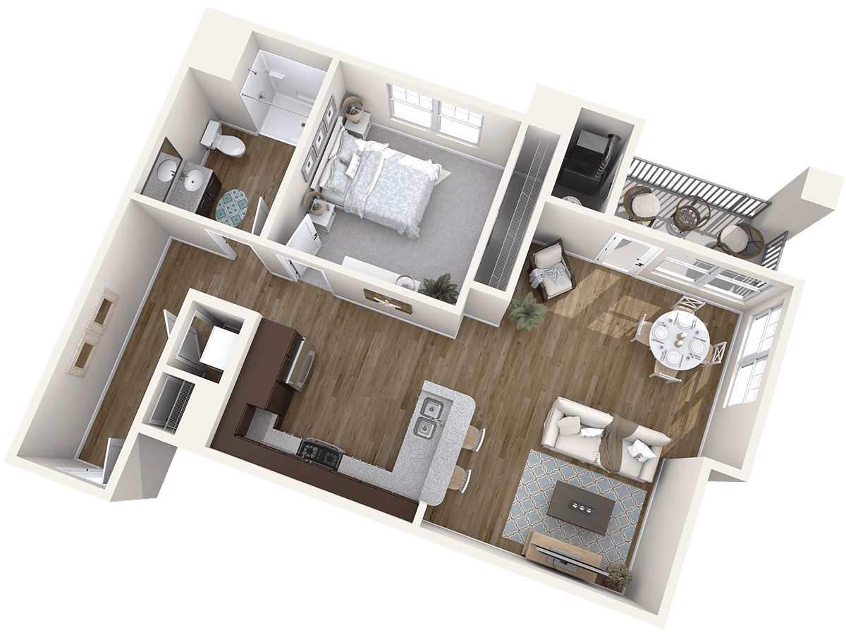 A 3D rendered floor plan of a one-bedroom apartment featuring a kitchen, living room, and bathroom.