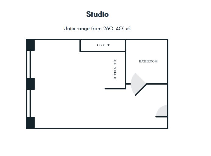 Floor plan of a studio apartment ranging from 260-801 sq. ft.