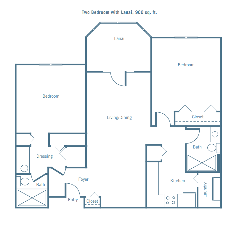 Floor plan of a two-bedroom, two-bathroom apartment with living room and kitchen.