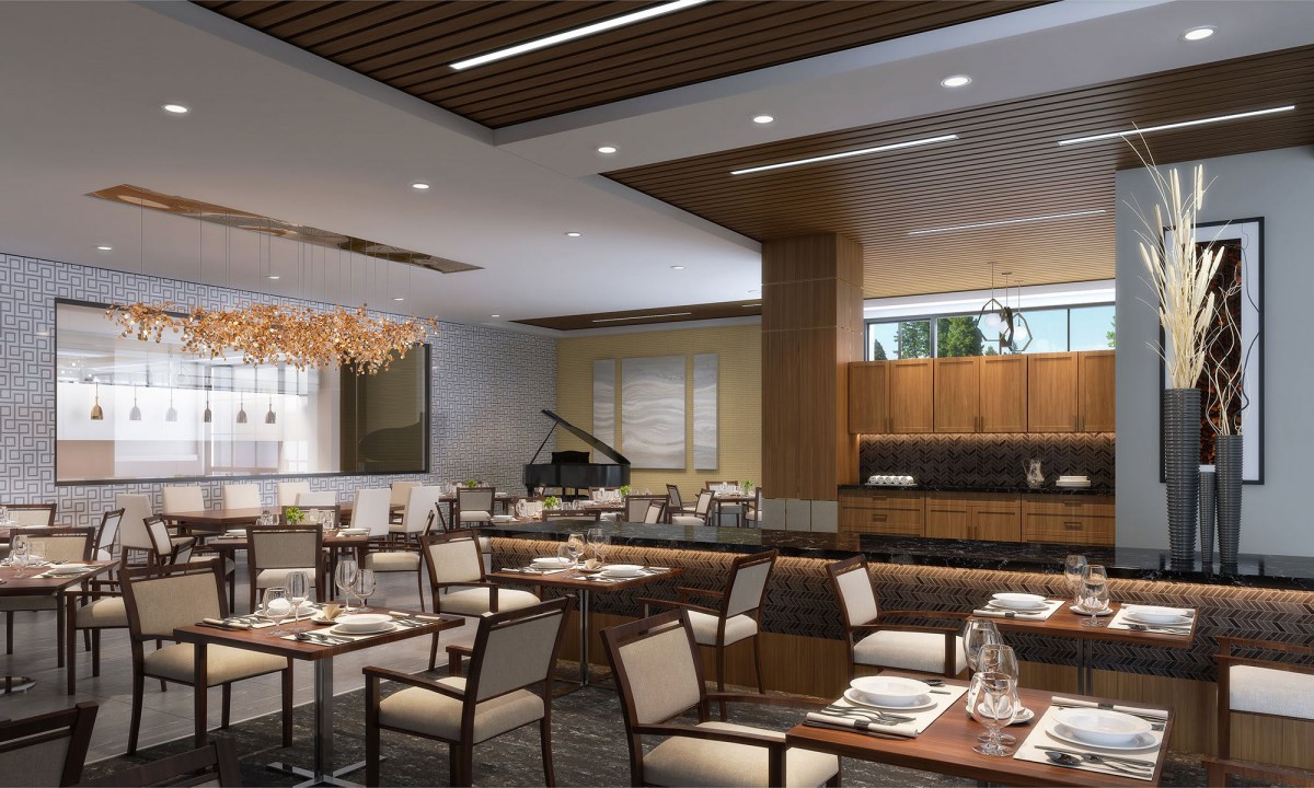 A modern restaurant interior with elegant seating and decor.
