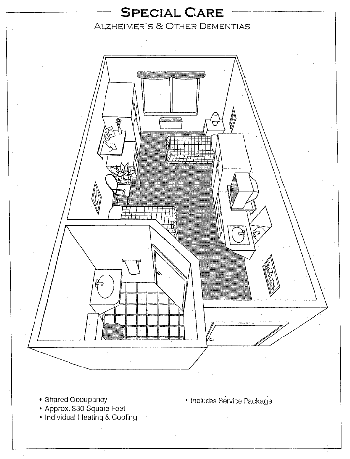 3D floor plan of a dormitory room with furniture and bathroom.