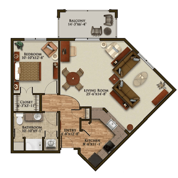 A detailed floor plan of a one-bedroom apartment featuring a living room, kitchen, bathroom, and balcony.