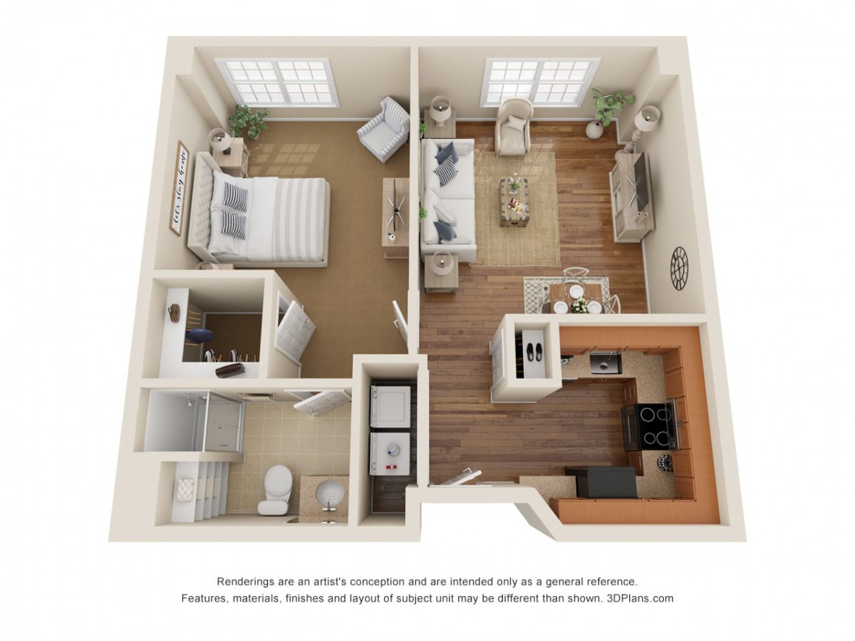 A 3D floor plan of a one-bedroom apartment featuring a bedroom, bathroom, kitchen, and living room.