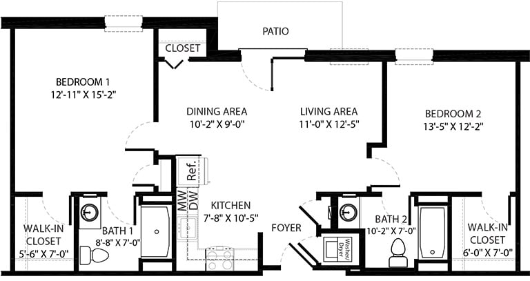 A detailed floor plan of an apartment showing the layout of rooms including kitchen, dining area, living area, bathroom, and closet.