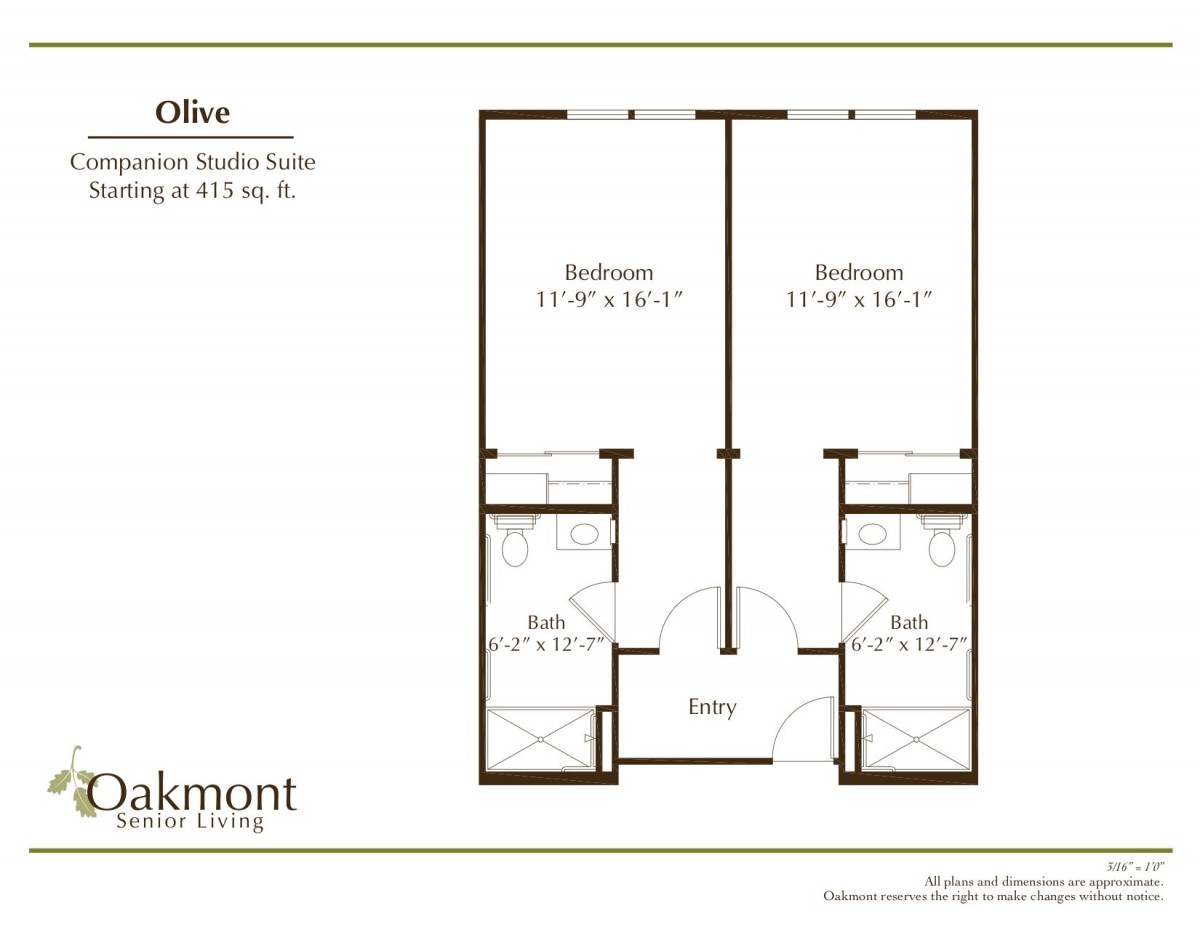 A floor plan of a two-bedroom apartment with separate bathrooms.