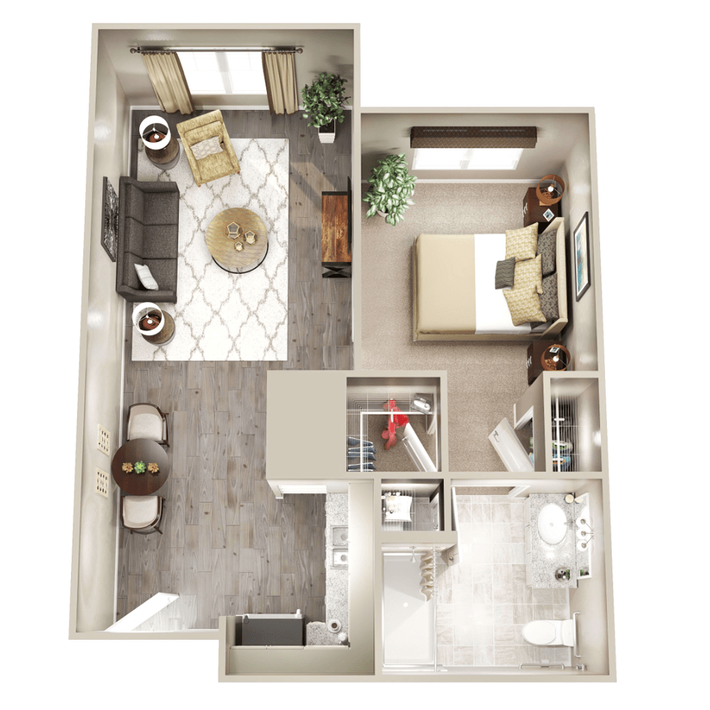 A compact one-bedroom apartment floor plan showing the layout of a living room, kitchen, bedroom, and bathroom.