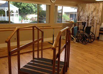 A physical therapy space featuring a wooden ramp and railings, designed to assist individuals in rehabilitation.