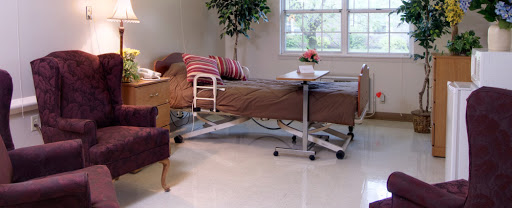A hospital room featuring a medical bed, a bedside table, and an indoor plant.