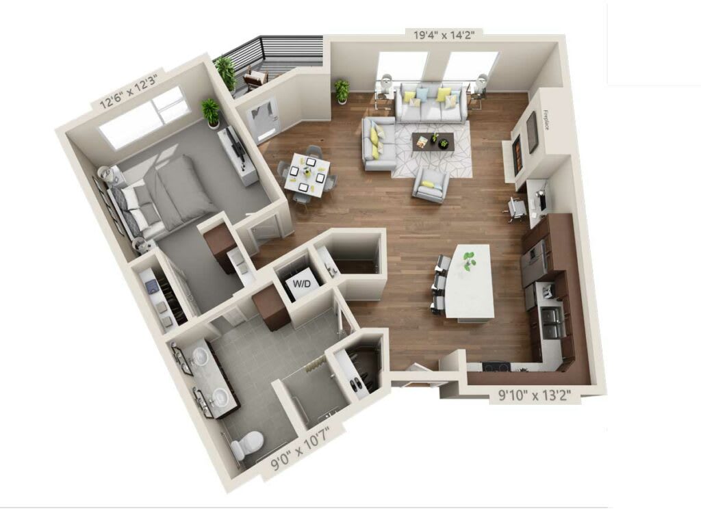 A 3D floor plan of an apartment featuring a living room, kitchen, bedroom, and bathroom.