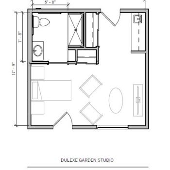 Diagram of a studio apartment floor plan.