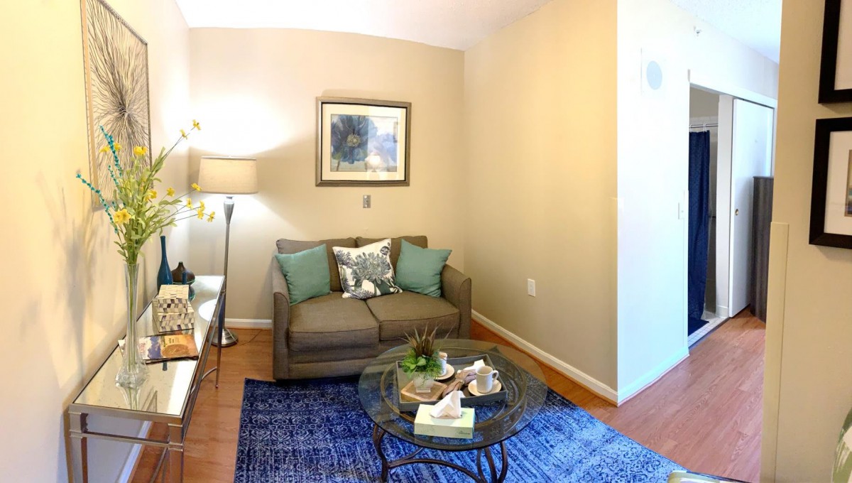 Cozy living room with a sofa, coffee table, and elegant decor.