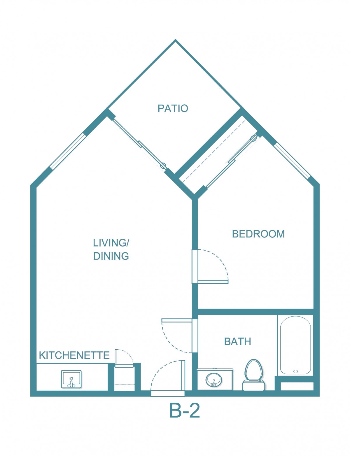 Floor plan of a one-bedroom apartment with a living/dining area, kitchenette, bath, and patio.