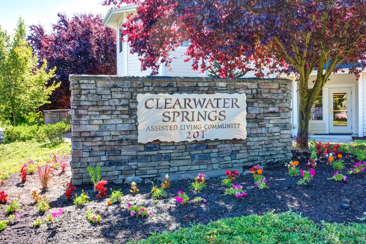 A stone wall sign for Clearwater Springs surrounded by colorful landscaping.