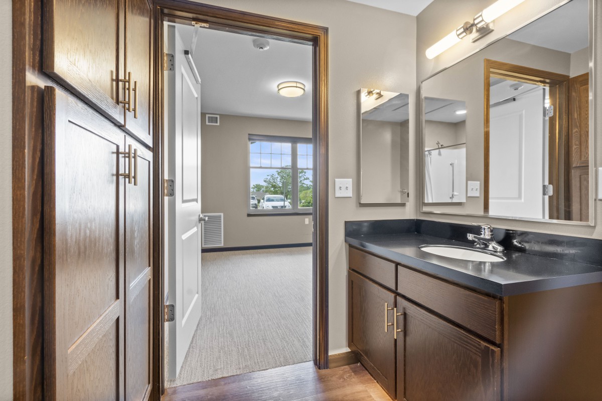 A modern bathroom with wood cabinetry and a view into the adjoining room.