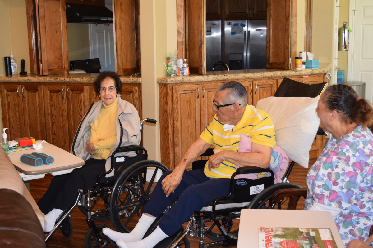 Two elderly individuals sitting in wheelchairs, engaging in conversation in a home setting.