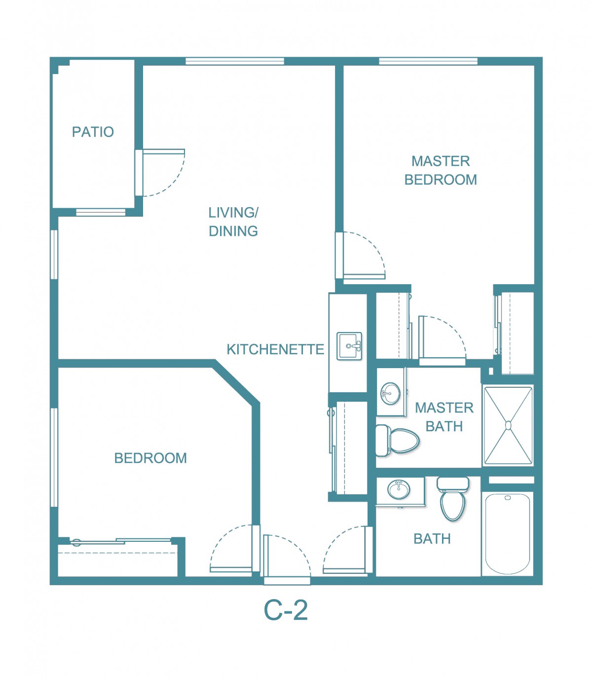 An architectural floor plan showing a detailed layout of an apartment including areas like the living/dining room, master bedroom, kitchenette, bathroom, and patio.