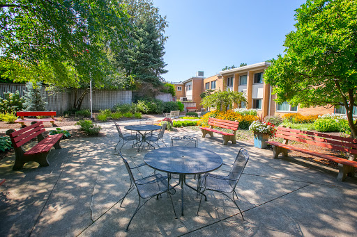 A serene outdoor seating area surrounded by lush greenery on a sunny day.