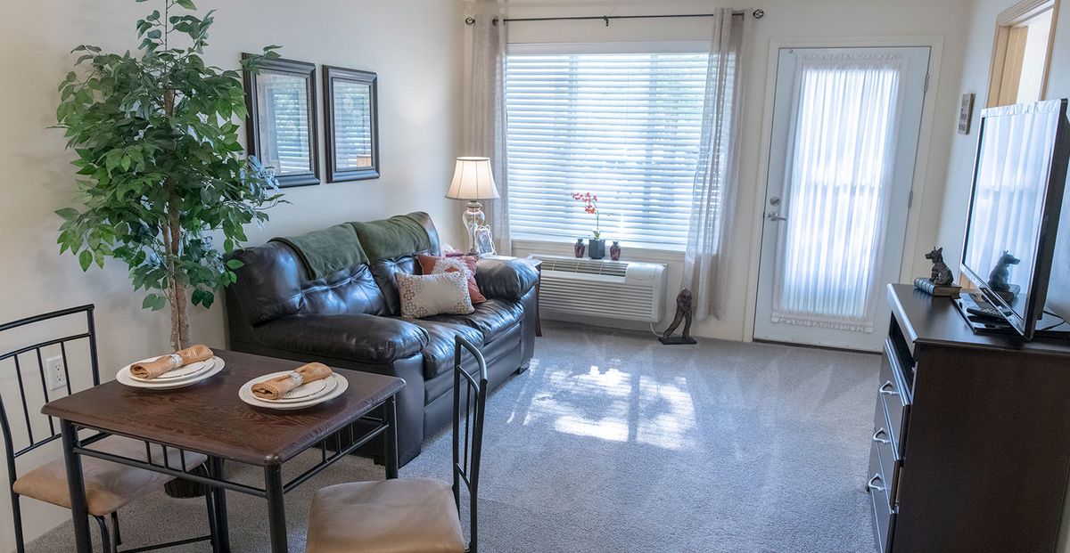 A cozy living room with a leather sofa, side table, and a window letting in natural light.