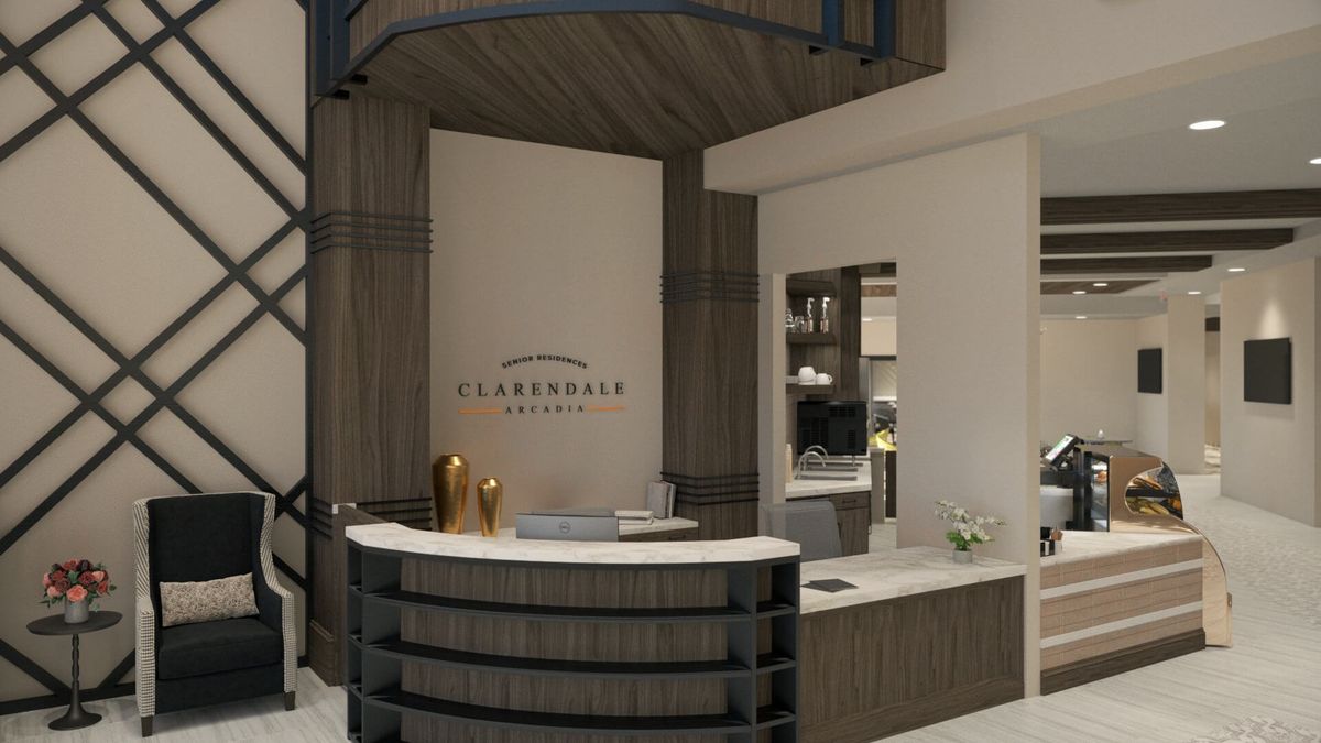 A modern reception area with a curved desk and elegant interior design.
