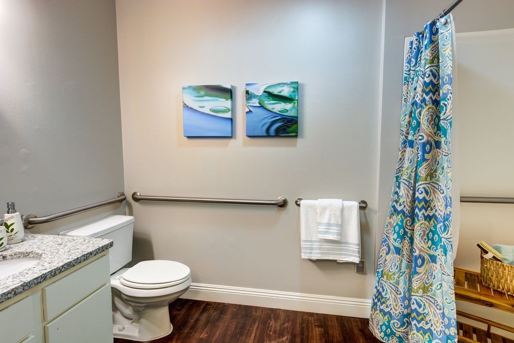 A bathroom with a toilet, colorful shower curtain, wall art, and a towel rack.