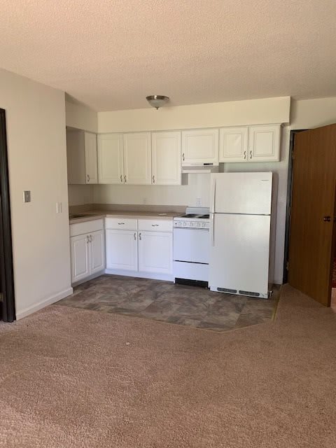 An empty apartment kitchen with white cabinets and appliances.