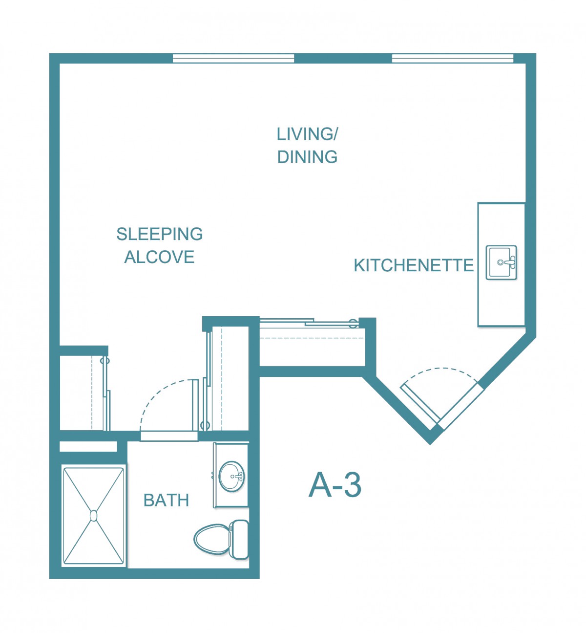 Studio apartment floor plan with sleeping alcove, kitchenette, and bath.