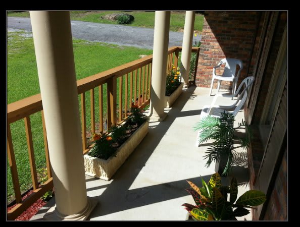 A sunny porch with columns, railings, and decorative plants.