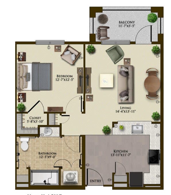 A floor plan of a one-bedroom apartment featuring a living room, kitchen, bathroom, and balcony.