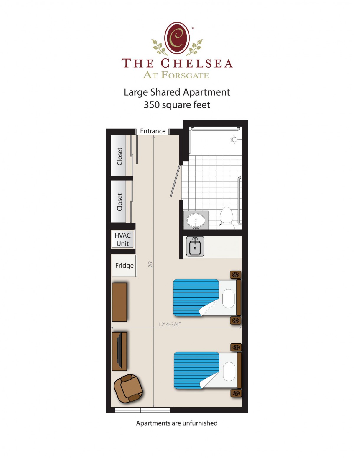Floor plan of a large shared apartment with two beds.
