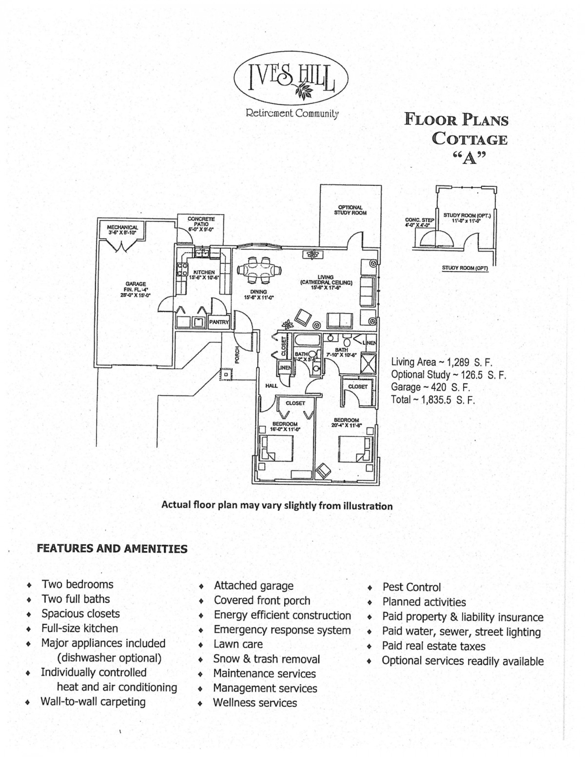 Floor plan of Cottage 'A' with features and amenities listed.