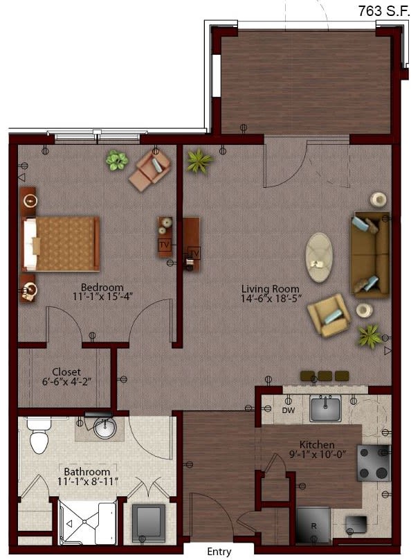 A detailed floor plan of an apartment including a bedroom, living room, kitchen, and bathroom.