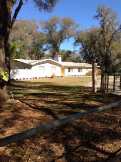 A single-story house surrounded by trees and a well-maintained lawn.