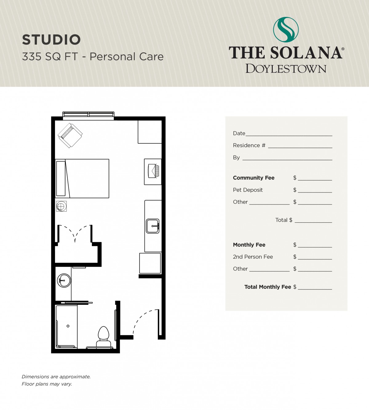 Studio apartment floor plan for The Solana Doylestown, featuring personal care amenities in a compact layout.