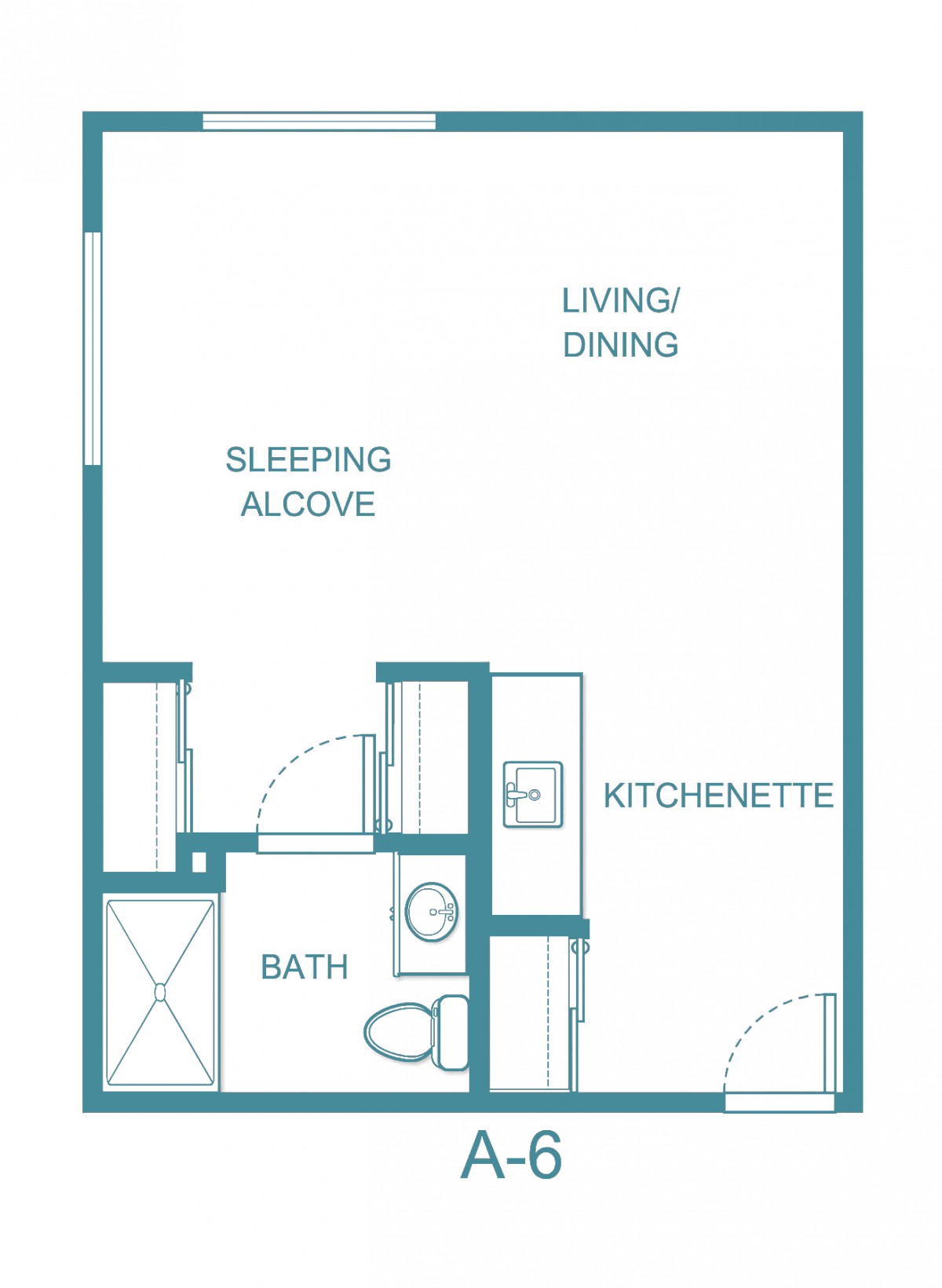 A floor plan of a studio apartment with designated areas for sleeping, living/dining, a kitchenette, and a bathroom.