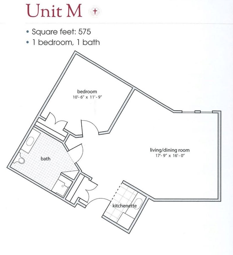 Floor plan of Unit M showing a 1-bedroom, 1-bath apartment layout.