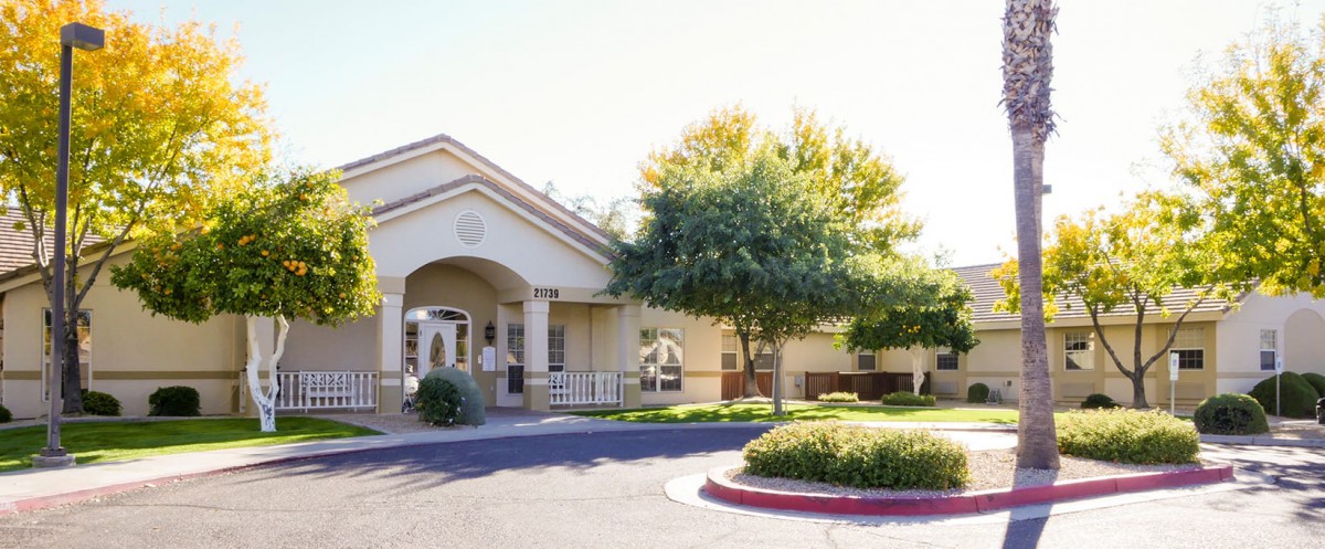 A sunny view of a building entrance with surrounding trees and a driveway.
