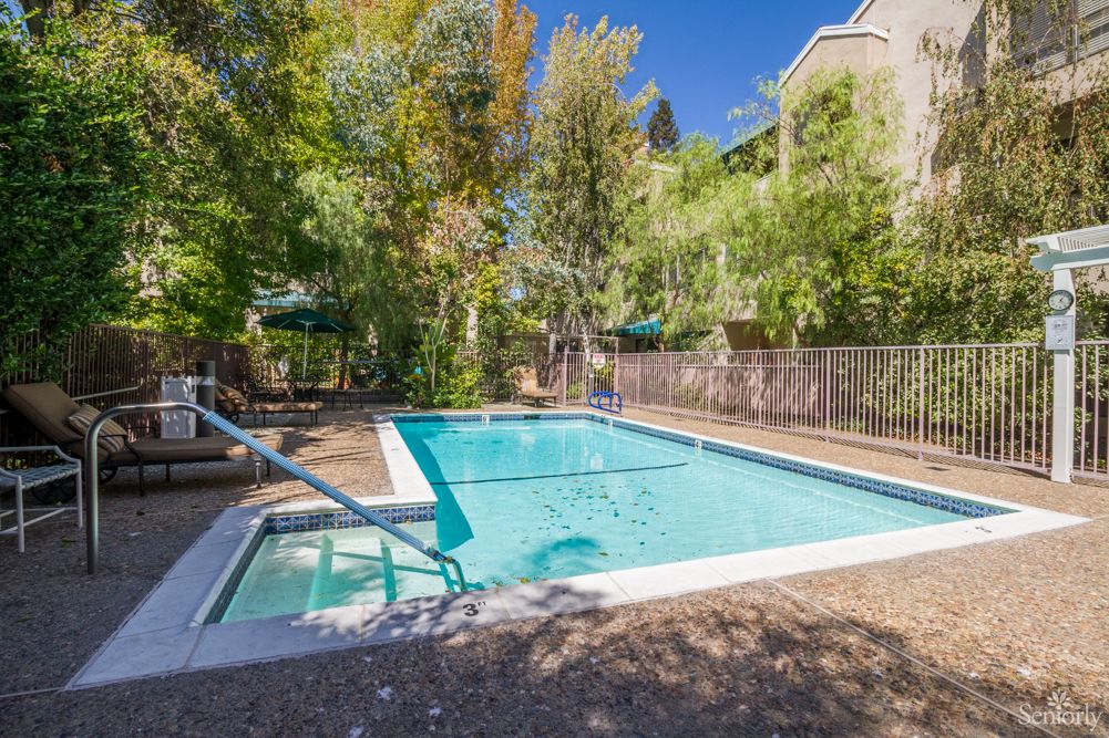 A sunny day at a tranquil outdoor swimming pool surrounded by lush trees and a fence.
