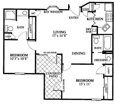 This is a floor plan of an apartment featuring two bedrooms, living and dining areas, a kitchen, and two bathrooms.