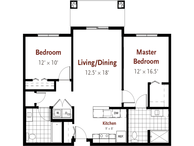 A floor plan of a two-bedroom apartment featuring a living/dining area, kitchen, and bathrooms.