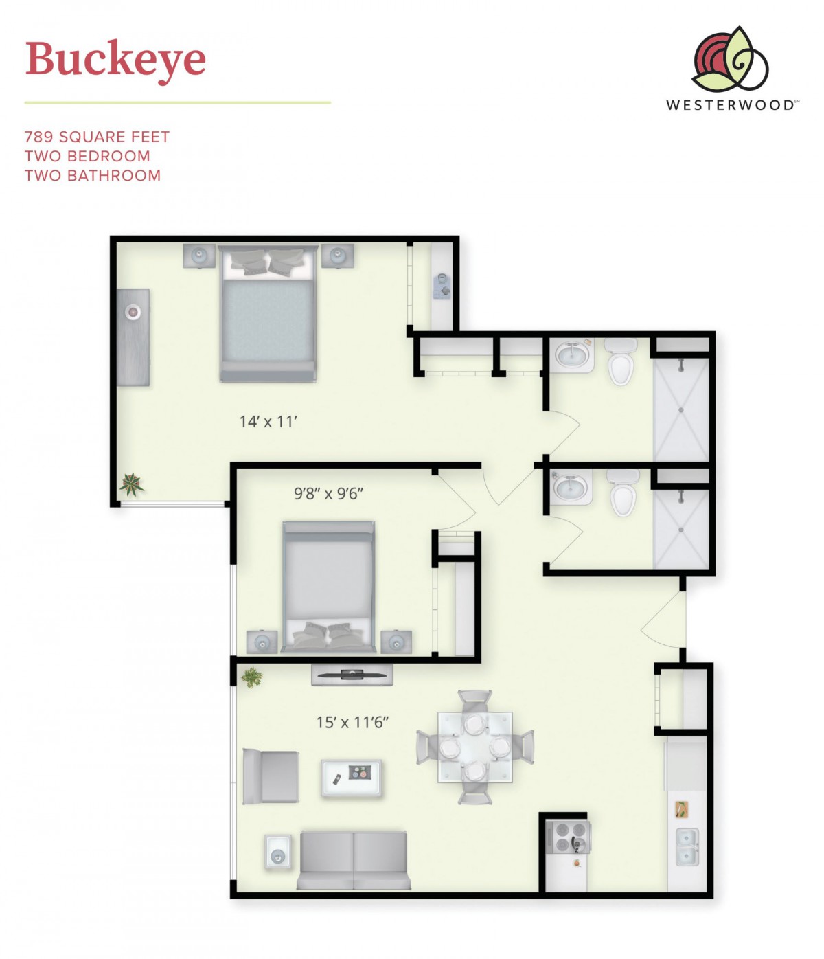 A floor plan of a 2-bedroom apartment with designated areas for the living room, bedrooms, kitchen, and bathrooms.