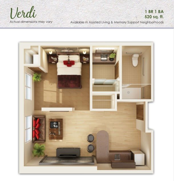 A compact one-bedroom apartment floor plan with living room, kitchen, and bathroom.