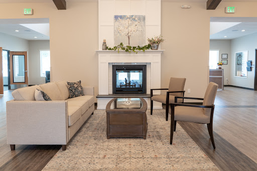 A cozy and modern living room featuring a stylish sofa, comfortable chairs, and a fireplace.