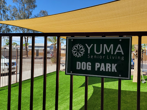 A welcoming view of the Yuma Senior Living Dog Park, complete with lush green grass and shaded areas for pets to enjoy.