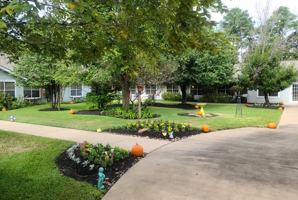 A well-maintained garden with pathways, pumpkins, and lush greenery.