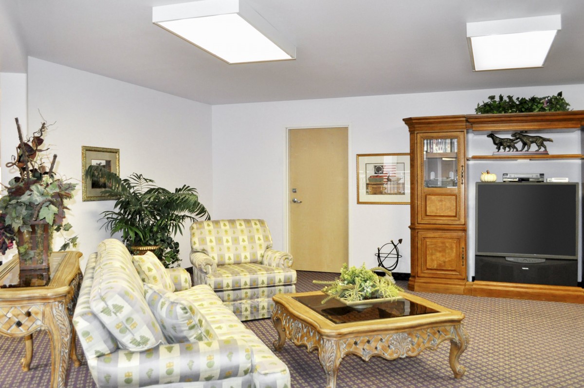 A cozy living room with patterned sofas, a wooden coffee table, and an elegant cabinet.