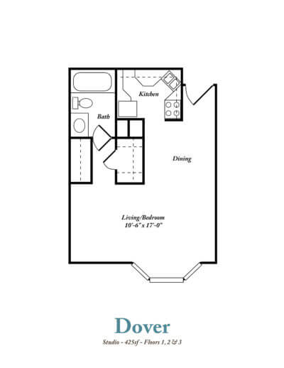 Studio apartment floor plan layout.