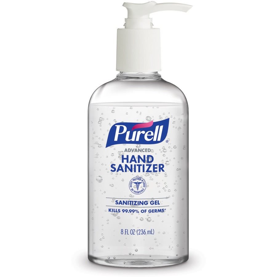 A bottle of Purell hand sanitizer with a pump dispenser.