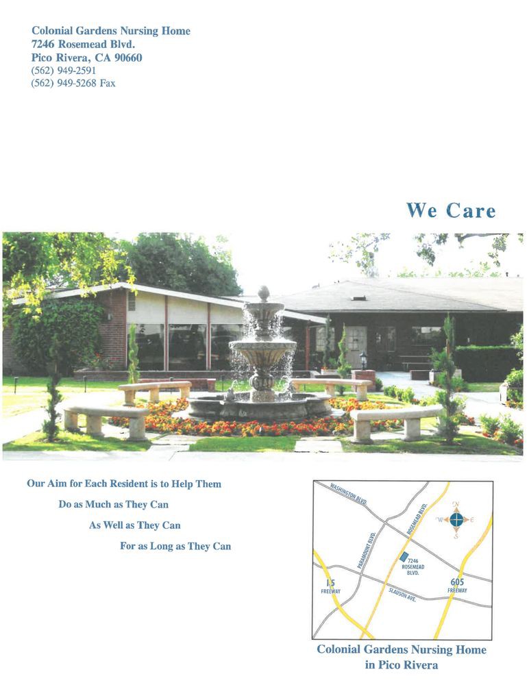 Image of a landscaped garden with a fountain in front of a building, accompanied by text and a map.